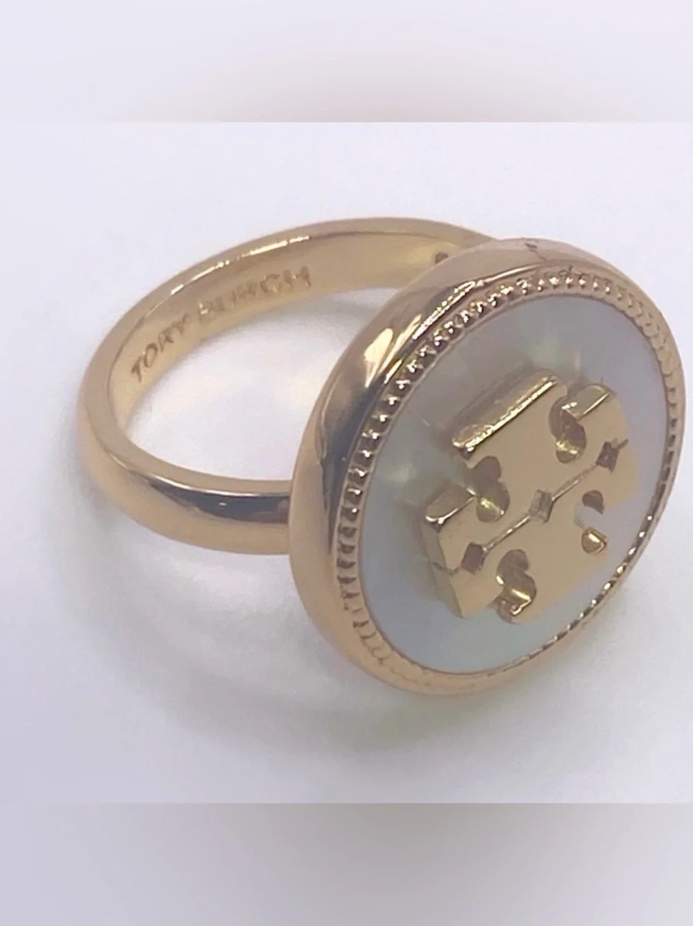 Tory Burch Gold-Tone Ring Mother of Pearl-of-pearl Semiprecious Stone Logo NWT